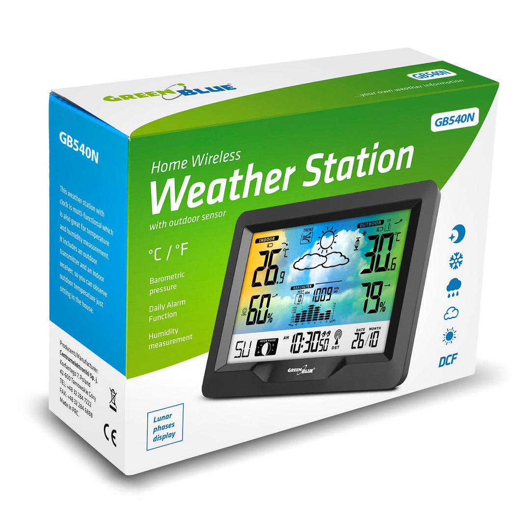 GreenBlue trådløs vejrstation, farvet, med DCF-system, månefaser, barometer, kalender, strømforsyning, GB540N