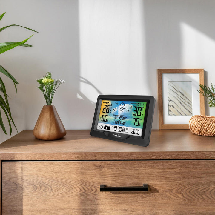GreenBlue trådløs vejrstation, farvet, med DCF-system, månefaser, barometer, kalender, strømforsyning, GB540N