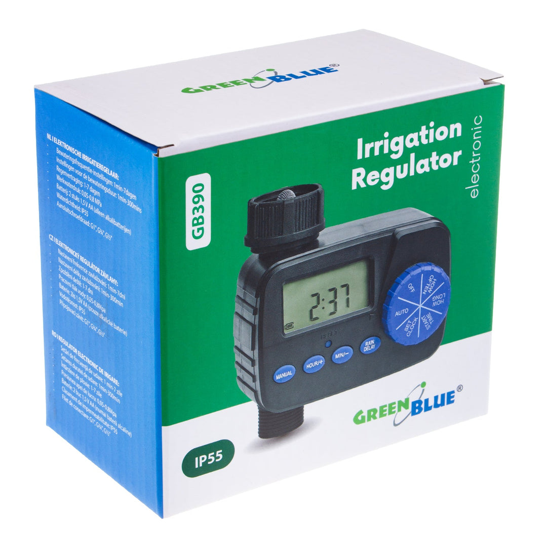 GreenBlue elektronisk vandingsstyring, programmeringsenhed, strømforsyning 2x1,5V AA, GB390