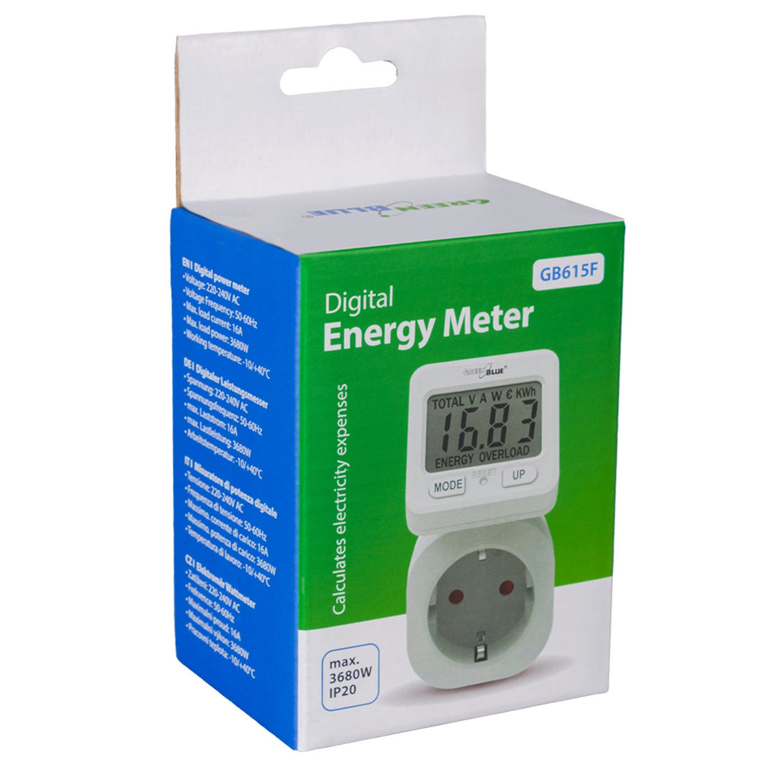 GreenBlue energimåler, wattmåler, 16 A, maks. 3680 W, hukommelse, GB615 F