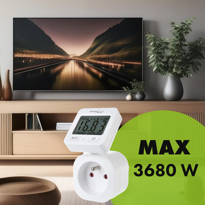 GreenBlue energimåler, wattmåler, 16 A, maks. 3680 W, hukommelse, GB615 E