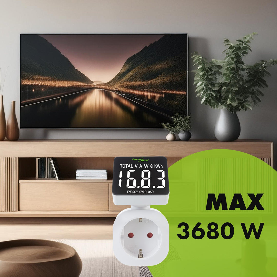 GreenBlue energimåler, wattmåler, 16 A, maks. 3680 W, hukommelse, GB620 E