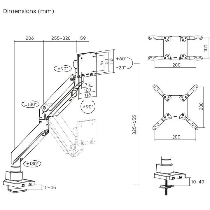 Maclean MC-968 monitorholder, dobbelt arm med gasfjeder, 17-57 tommer, 27 kg