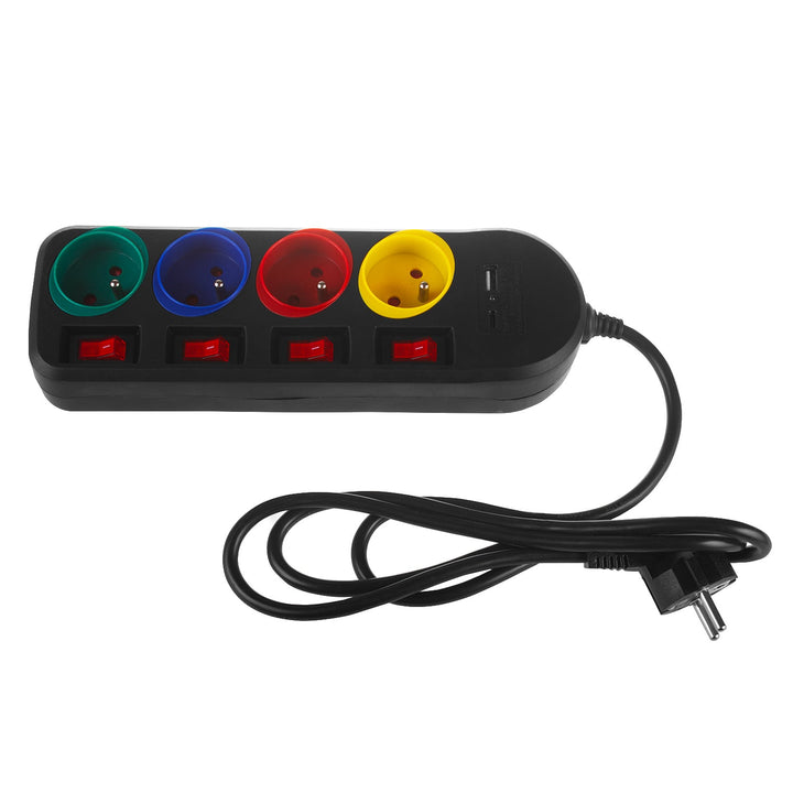 Maclean strømskinne, forlængerledning med 4 stik + USB A/C, med afbrydere, 250 VAC/10 A, 1,5 m, sort, MCE508 B
