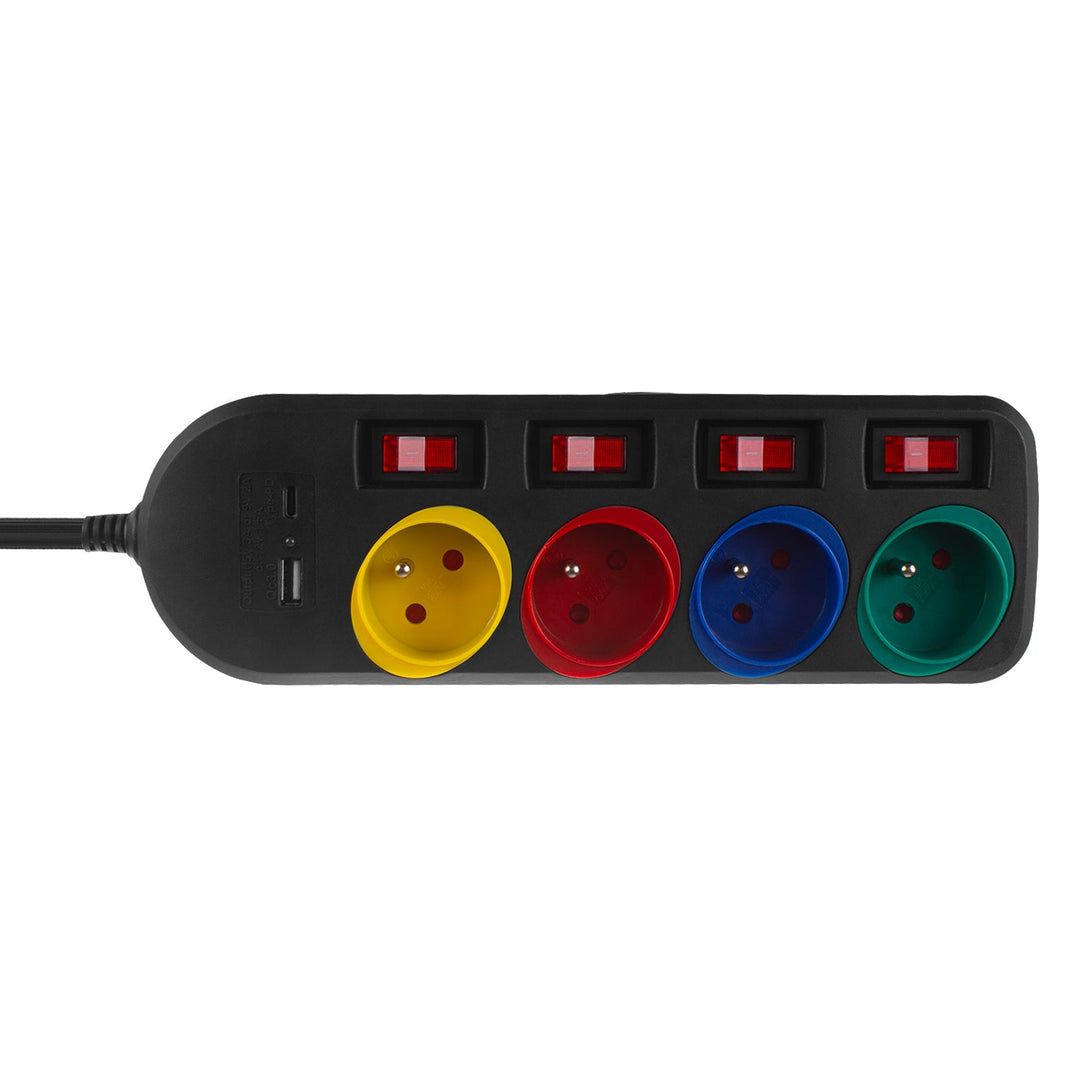 Maclean strømskinne, forlængerledning med 4 stik + USB A/C, med afbrydere, 250 VAC/10 A, 1,5 m, sort, MCE508 B