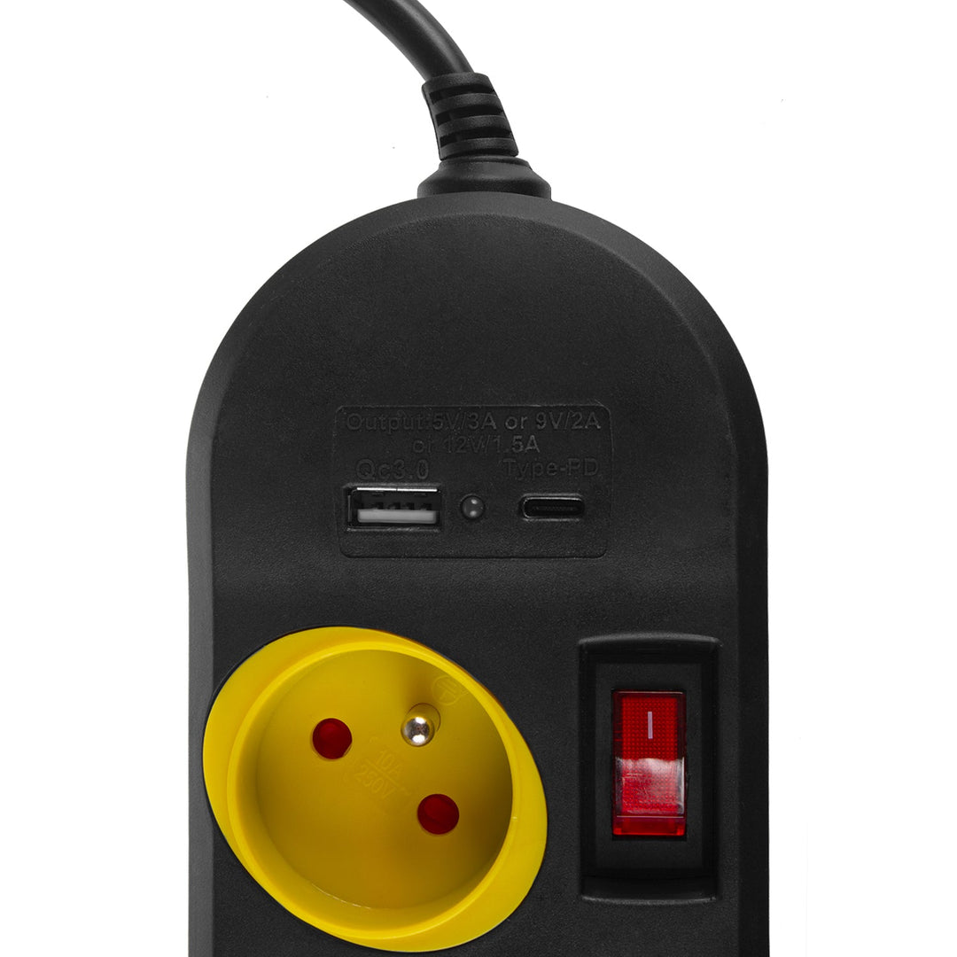 Maclean strømskinne, forlængerledning med 4 stik + USB A/C, med afbrydere, 250 VAC/10 A, 1,5 m, sort, MCE508 B