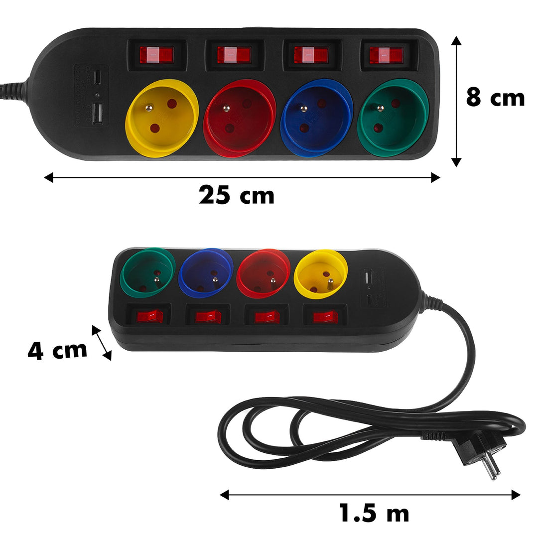 Maclean strømskinne, forlængerledning med 4 stik + USB A/C, med afbrydere, 250 VAC/10 A, 1,5 m, sort, MCE508 B