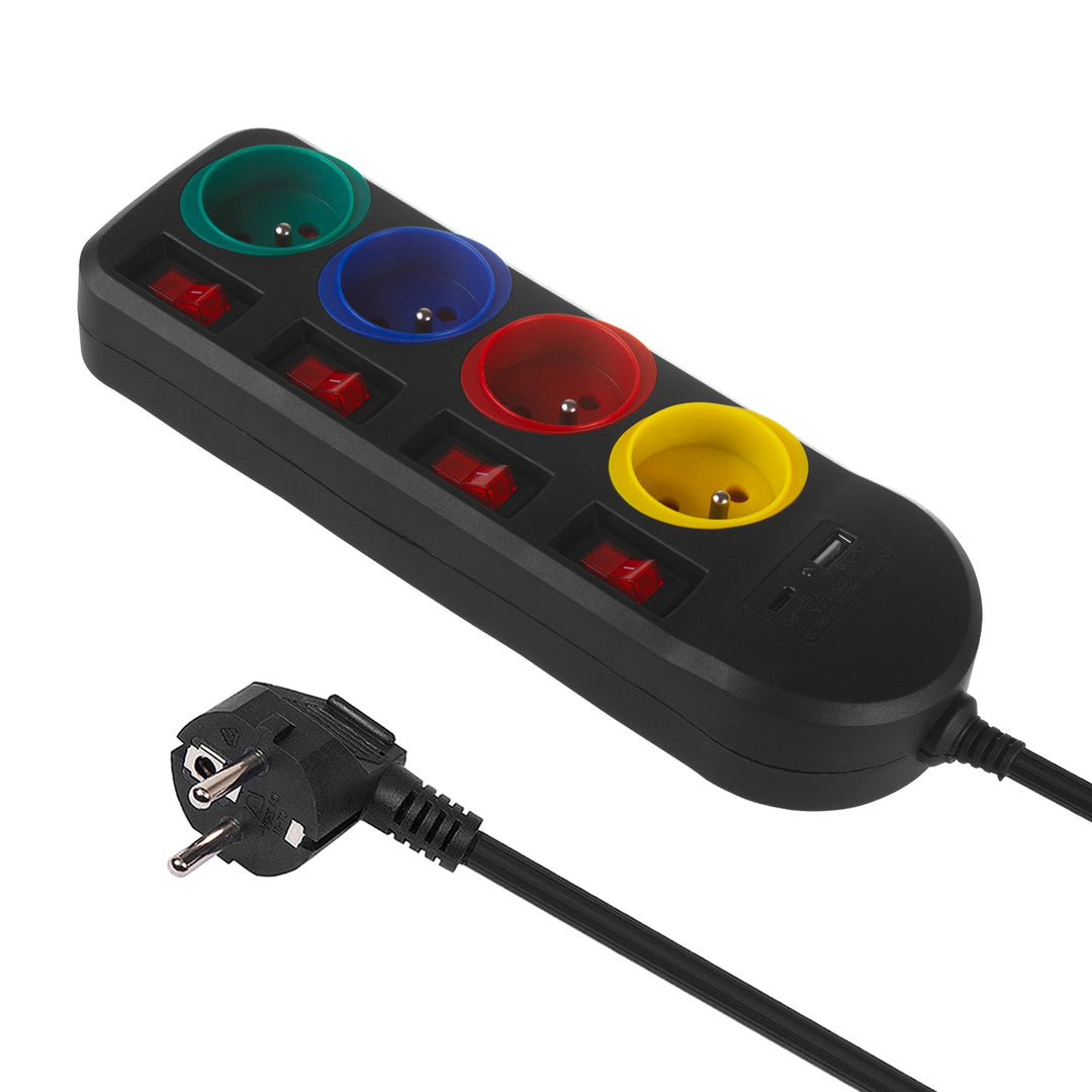 Maclean strømskinne, forlængerledning med 4 stik + USB A/C, med afbrydere, 250 VAC/10 A, 1,5 m, sort, MCE508 B
