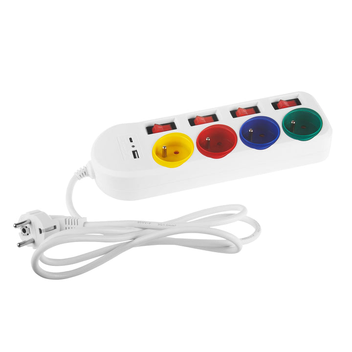 Maclean strømskinne, forlængerledning med 4 stik + USB A/C, med afbrydere, 250 VAC/10 A, 1,5 m, hvid, MCE508 W