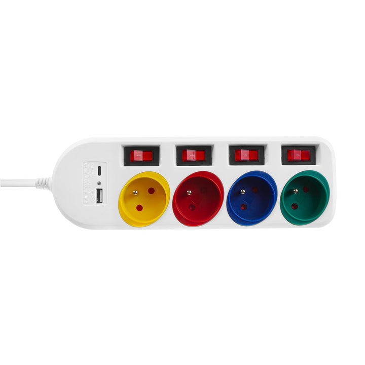 Maclean strømskinne, forlængerledning med 4 stik + USB A/C, med afbrydere, 250 VAC/10 A, 1,5 m, hvid, MCE508 W