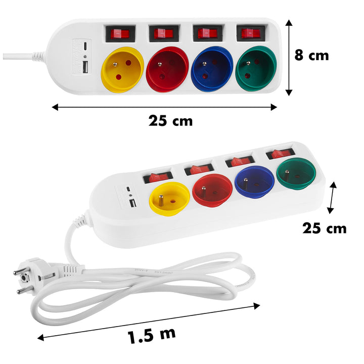 Maclean strømskinne, forlængerledning med 4 stik + USB A/C, med afbrydere, 250 VAC/10 A, 1,5 m, hvid, MCE508 W