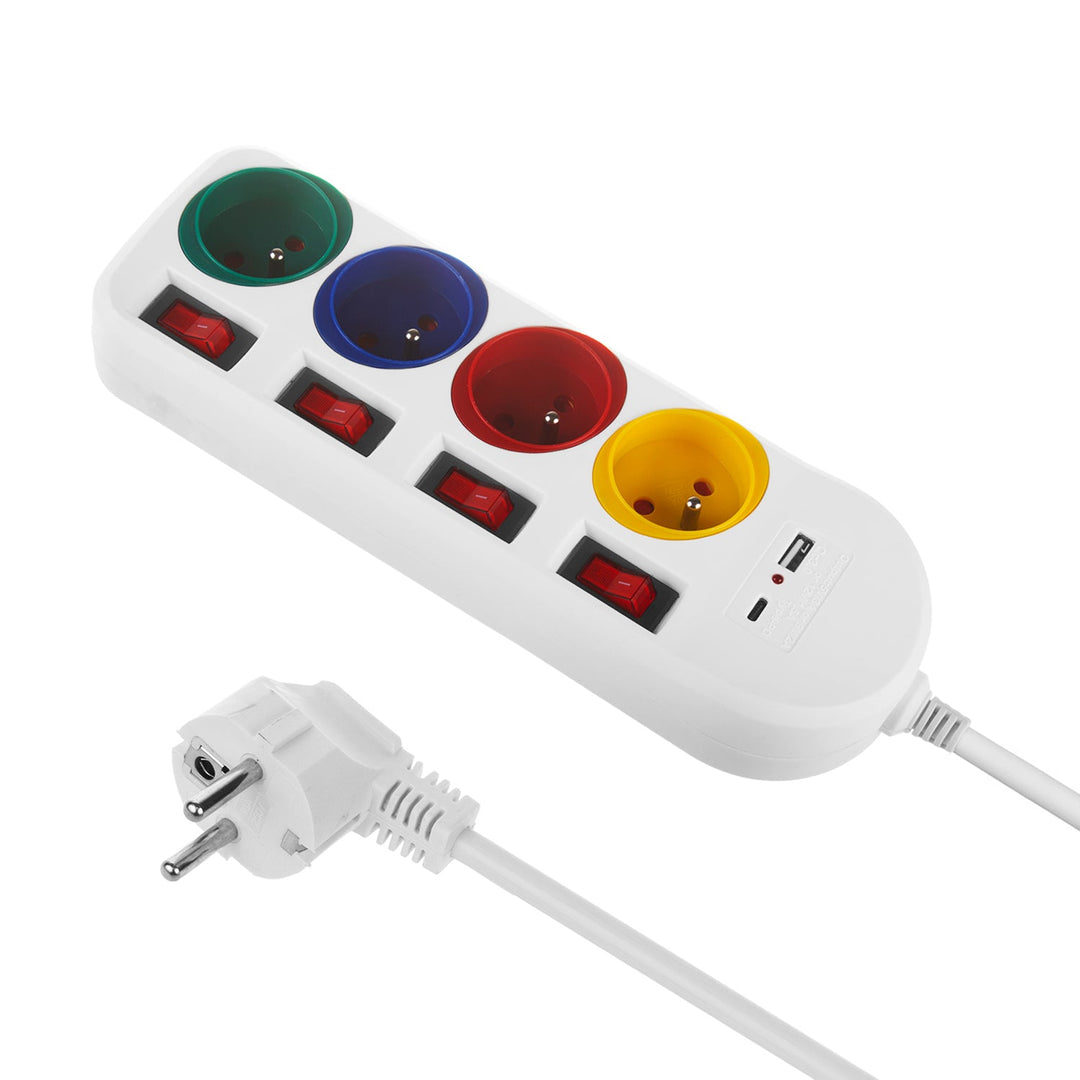 Maclean strømskinne, forlængerledning med 4 stik + USB A/C, med afbrydere, 250 VAC/10 A, 1,5 m, hvid, MCE508 W
