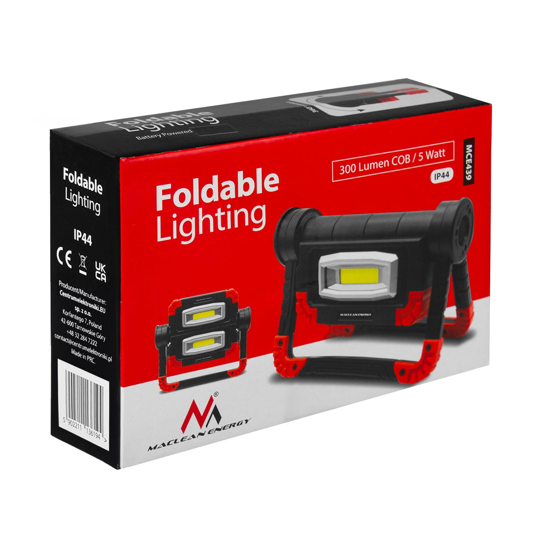 Maclean LED COB arbejdslampe, 300 lm, 3 lysindstillinger, strømforsyning 4xAA, farvetemperatur 6500K, MCE439