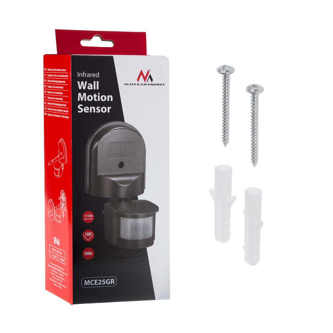 Vægmonteret bevægelses- og skumringsensor Maclean 180° max 1200W grå MCE25 GR