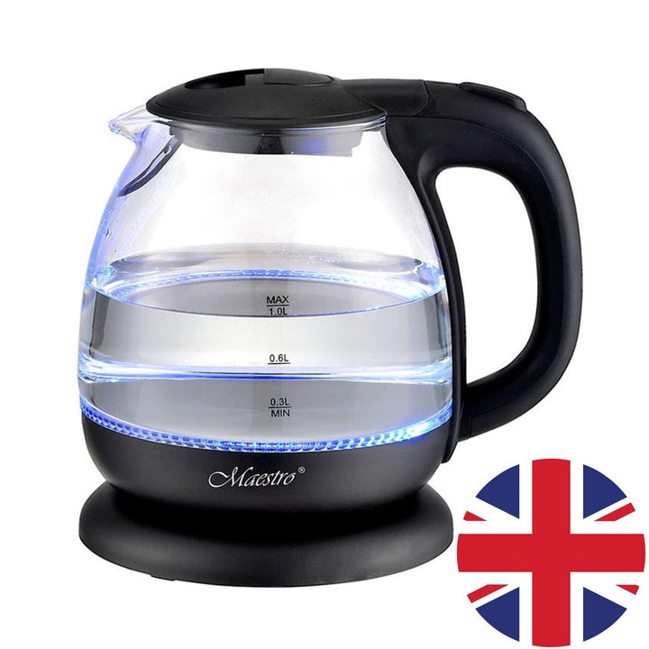 Elektrisk kedel i glas 1L Maestro MR055, sort - britisk stik
