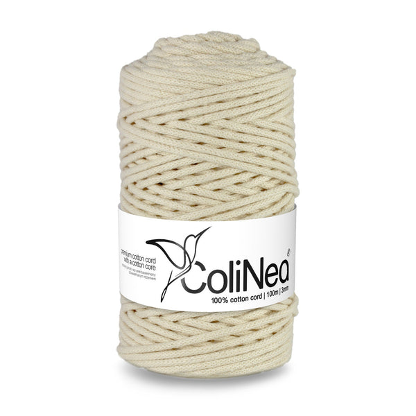 ColiNea, bomuldssnor med bomuldskerne, flettet, 3 mm, 100 m, elfenben