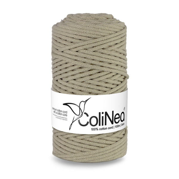 ColiNea, bomuldssnor med bomuldskerne, flettet, 3 mm, 100 m, lys beige