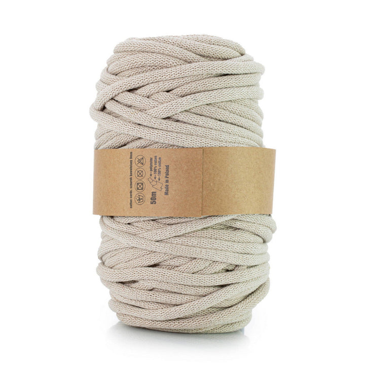 WAS, bomuldssnor med polyesterkerne, flettet, 9 mm, 50 m, lys beige