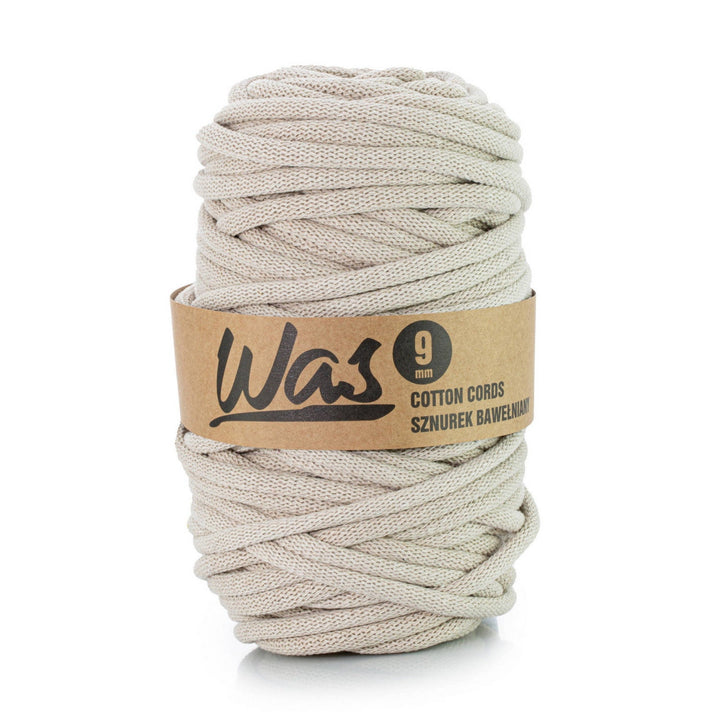 WAS, bomuldssnor med polyesterkerne, flettet, 9 mm, 50 m, lys beige