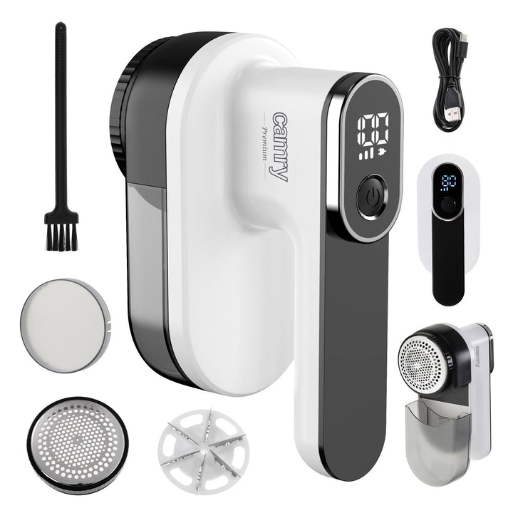 Barbermaskinen er af mærket Camry, LCD-display, Li-Ion-batteri, hvid og sort, CR 9620