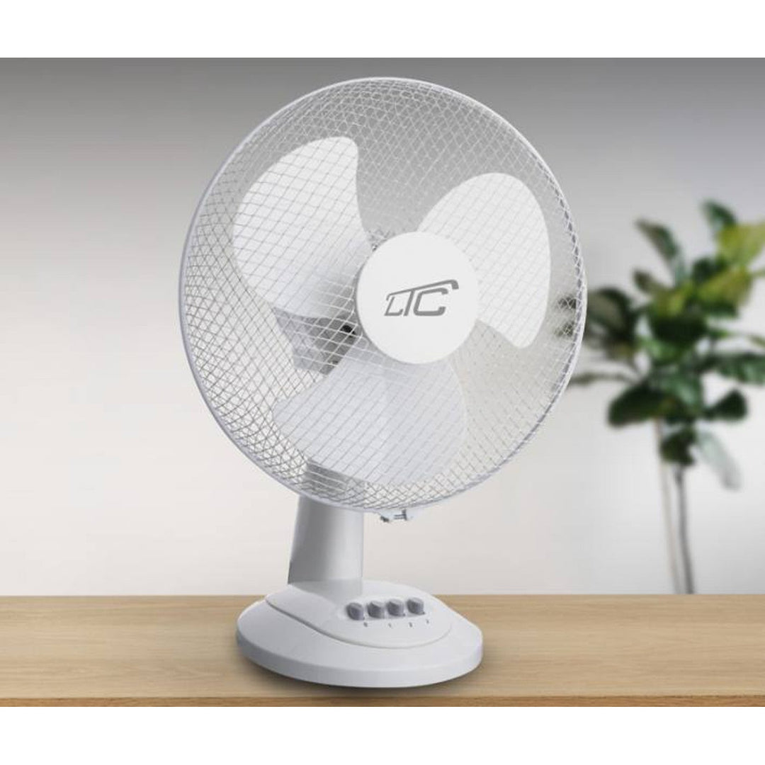 LTC desk fan LXWT20 in white, featuring oscillation and angle adjustment for optimal airflow. With a power of 38W, it ensures efficient cooling.