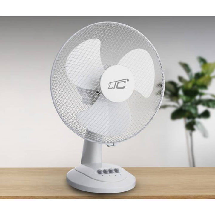LTC desk fan LXWT20 in white, featuring oscillation and angle adjustment for optimal airflow. With a power of 38W, it ensures efficient cooling.