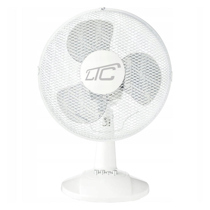 LTC desk fan LXWT20 in white, featuring oscillation and angle adjustment for optimal airflow. With a power of 38W, it ensures efficient cooling.