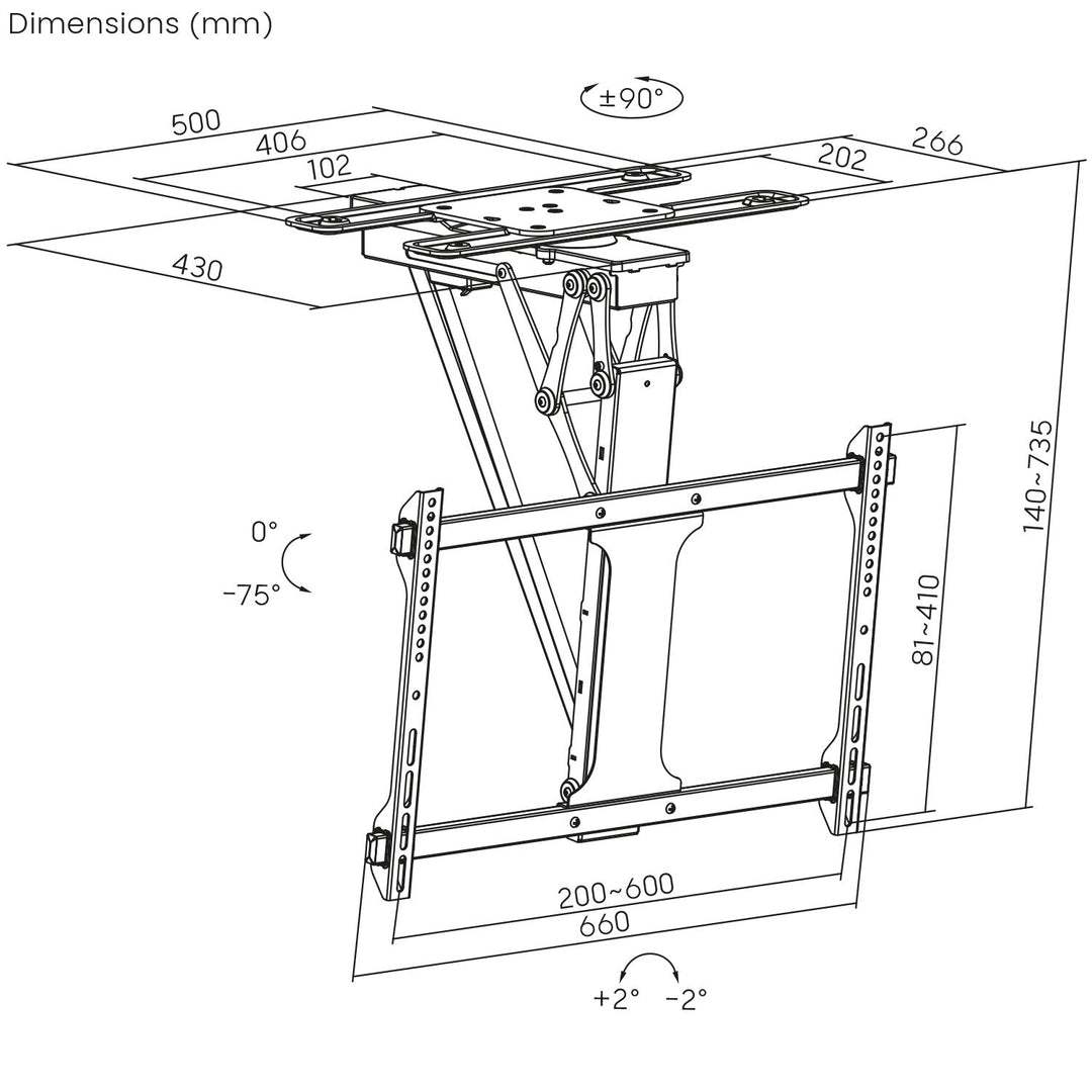 Maclean elektrisk loftbeslag til tv, TUYA-betjening, maks. VESA 600x400, 90° drejning, fjernbetjening, 32"-75", 35 kg, MC-490
