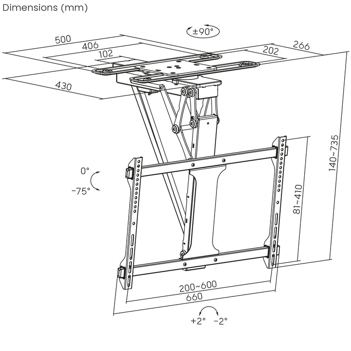 Maclean elektrisk loftbeslag til tv, TUYA-betjening, maks. VESA 600x400, 90° drejning, fjernbetjening, 32"-75", 35 kg, MC-490