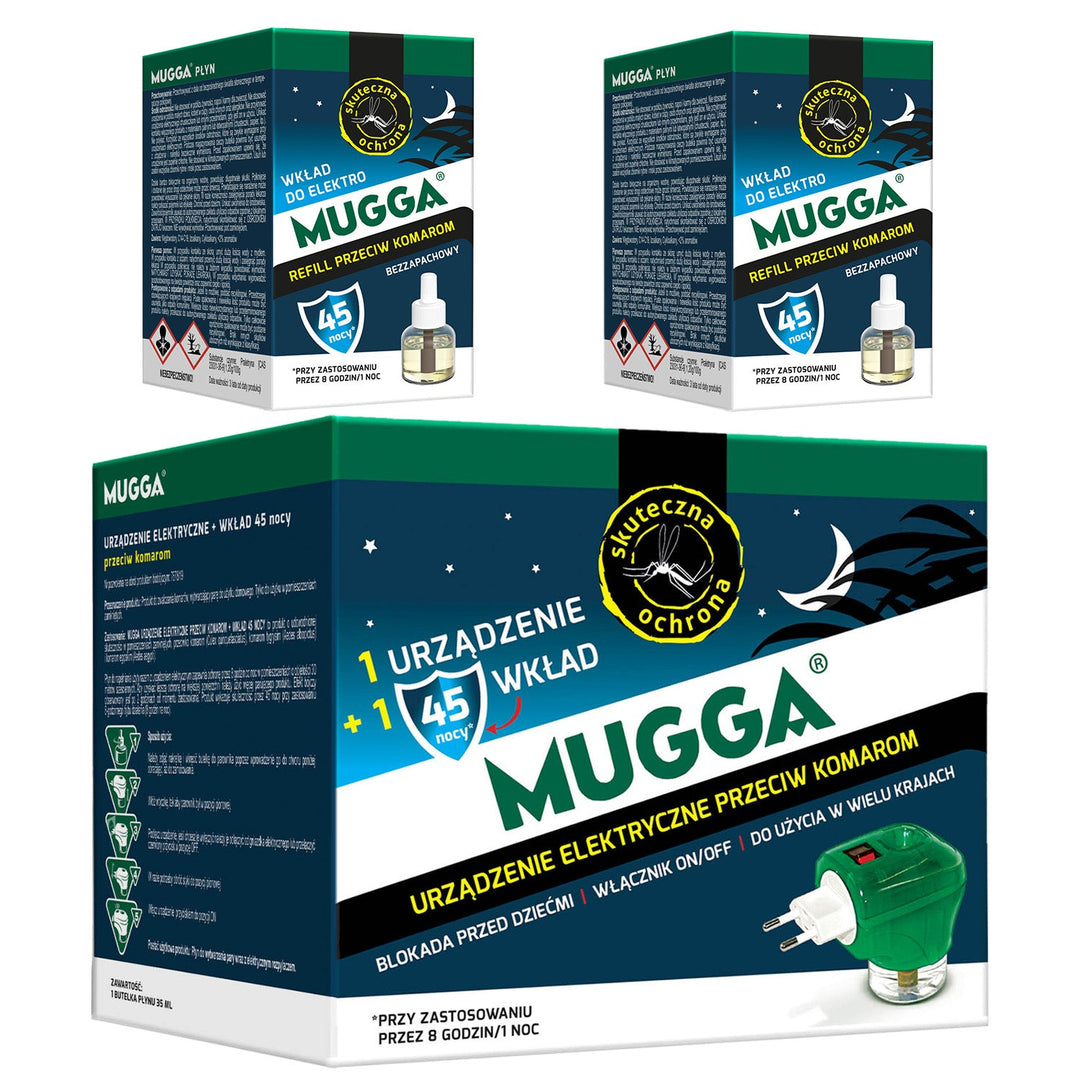 Elektrisk apparat med Mugga 45 nætter 35 ml myggespray + 2x Mugga 45 nætter 35 ml myggespray