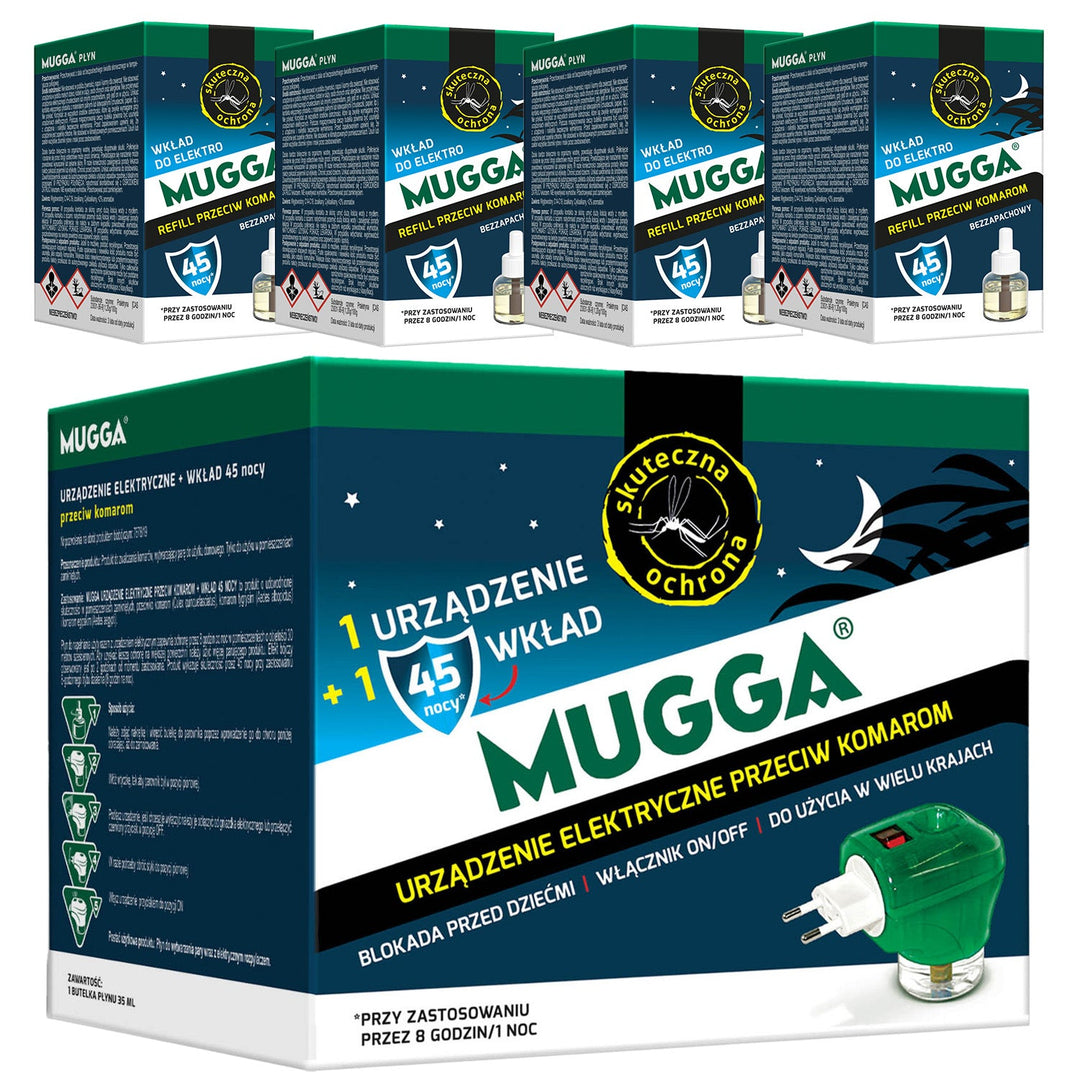 Elektrisk apparat med Mugga 45 nætter 35 ml myggespray + 4x Mugga 45 nætter 35 ml myggespray