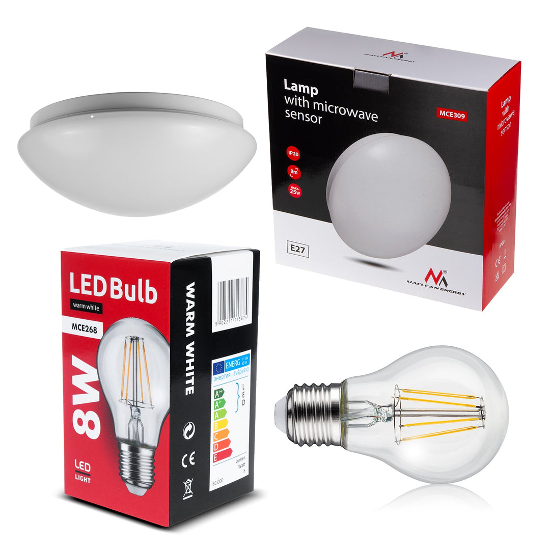 Loftlampe 1xE27 med Maclean-sensor, mikrobølgesensor, PMMA-lampeskærm, maks. belastning 25 W, IP20, MCE309 + Pære MCE268 WW