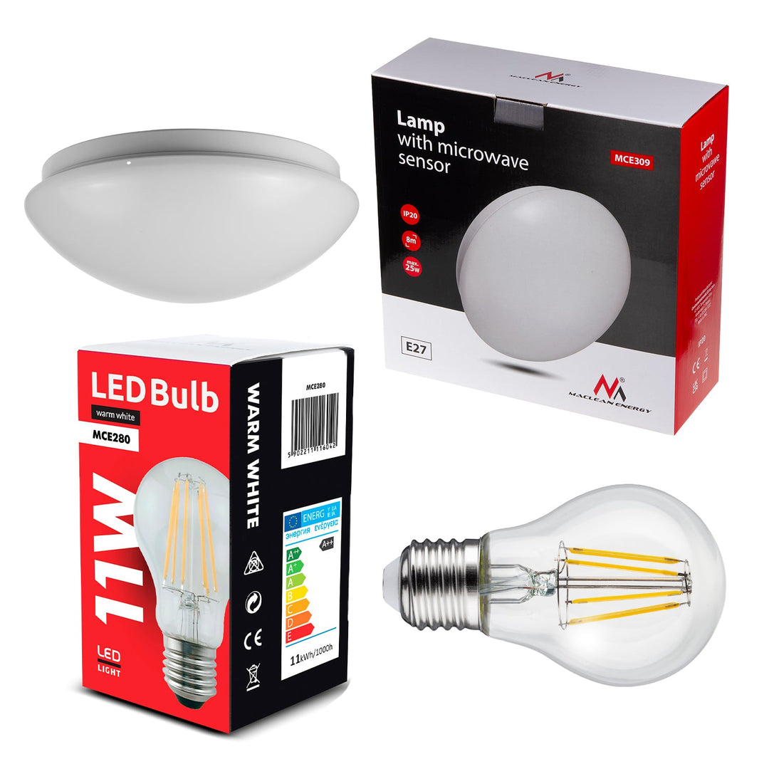 Loftlampe 1xE27 med Maclean-sensor, mikrobølgesensor, PMMA-lampeskærm, maks. belastning 25 W, IP20, MCE309 + MCE280 WW-pære