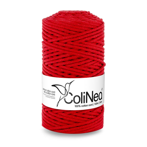 ColiNea, bomuldssnor med bomuldskerne, flettet, 3 mm, 100 m, rød