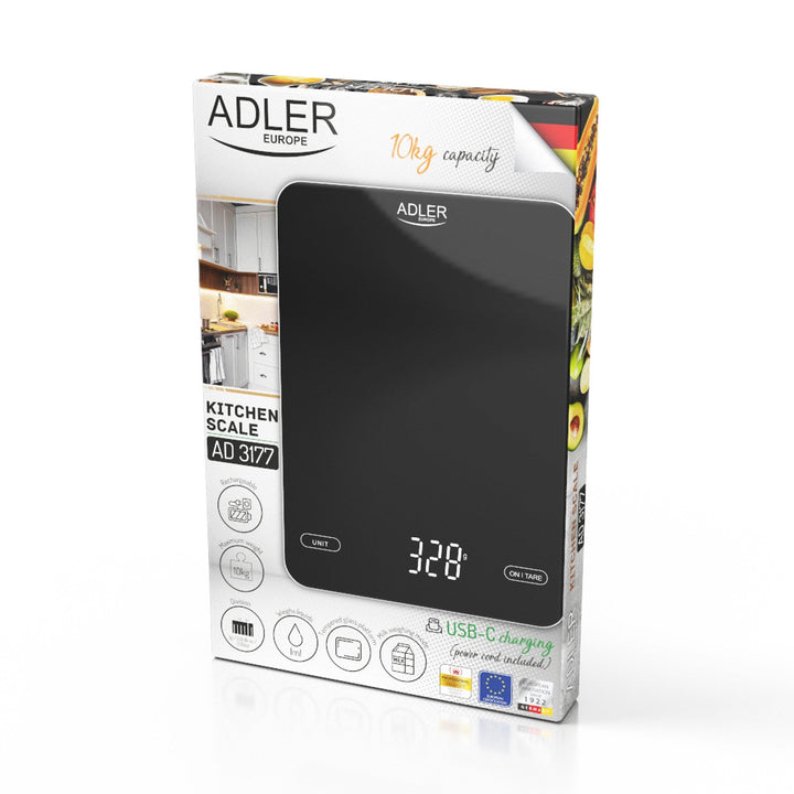 Køkkenvægt, Adler, sort 10 kg opladet via USB, AD 3177