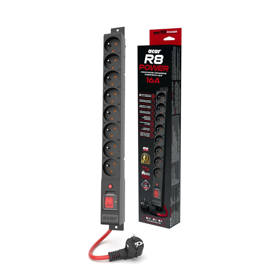 Acar overspændingsbeskyttelse, 16 A, 3680 W, 3 m, sort, R8 POWER