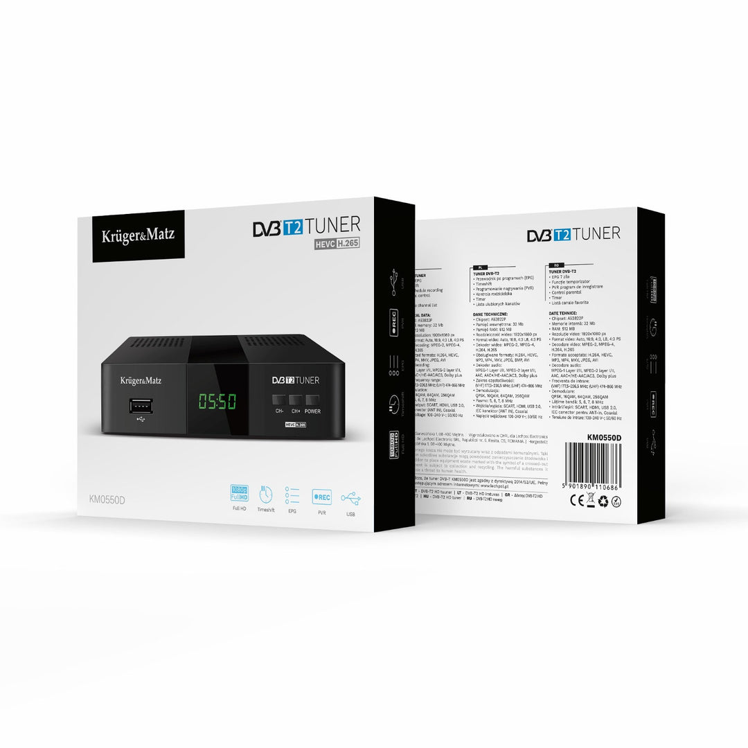 Tuner-dekoder DVB-T2 KM0550D H.265 HEVC EPG PVR Timeshift Kruger&Matz