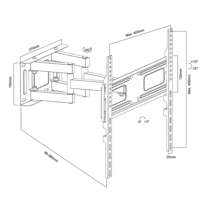 Maclean TV-holder, maks. VESA 400x400, 32-75", 50 kg, vertikal og horisontal vinkelregulering, profil 80-380 mm, sort, MC-788