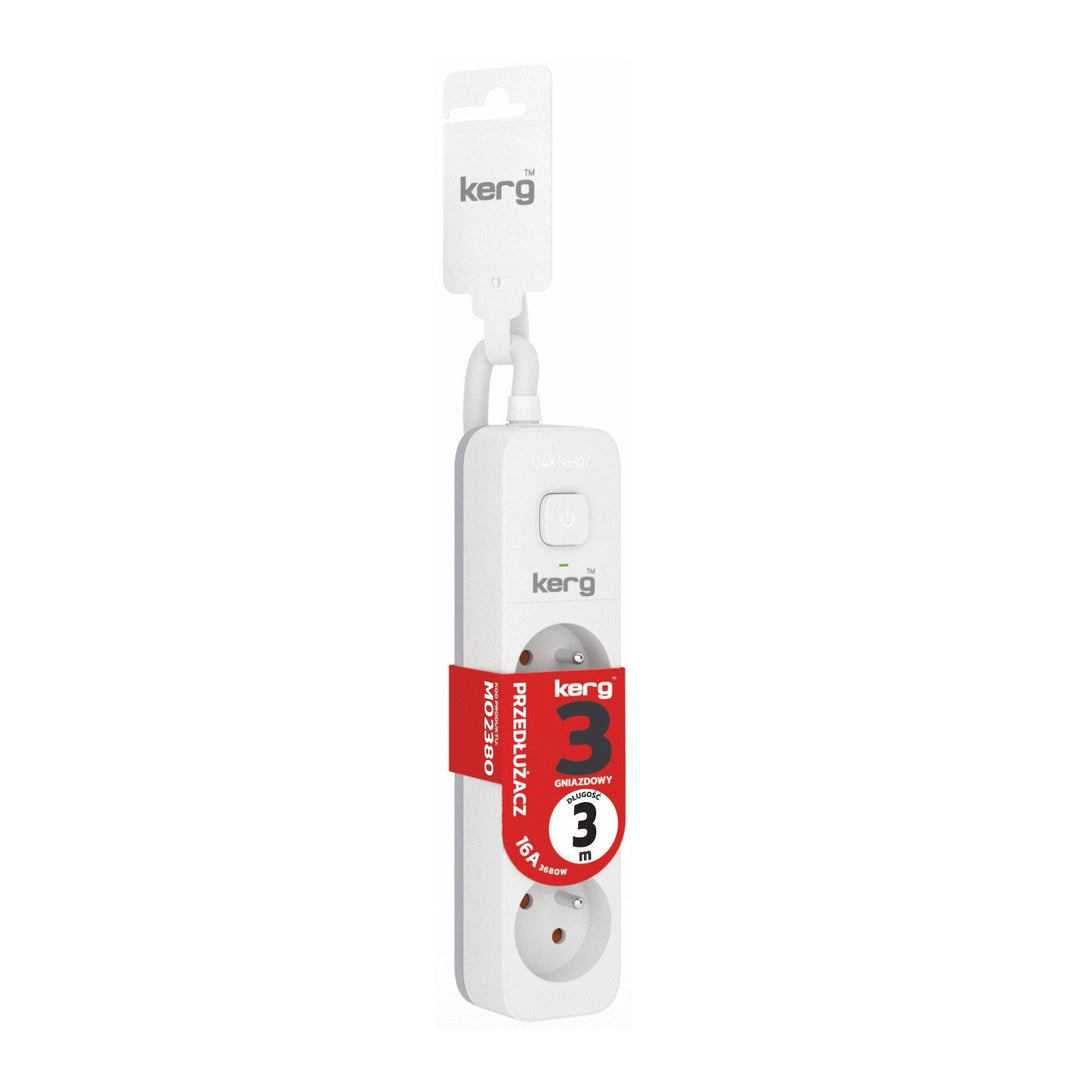 KERG-forlængerledning med afbryder, 3 stik, hvid-grå, 3 m, 16 A, H05VV-F, 3 x 1,5 mm2