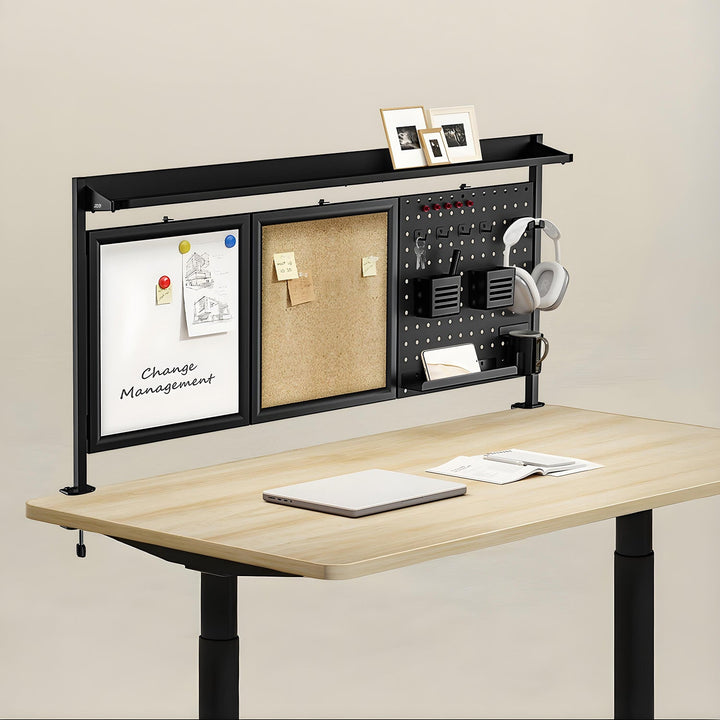 Skrivebordsafskærmning / organizer Ergo Office, maks. belastning 10 kg, hvid og kork tavle, bredde 1250 mm, sort, ER-300 B