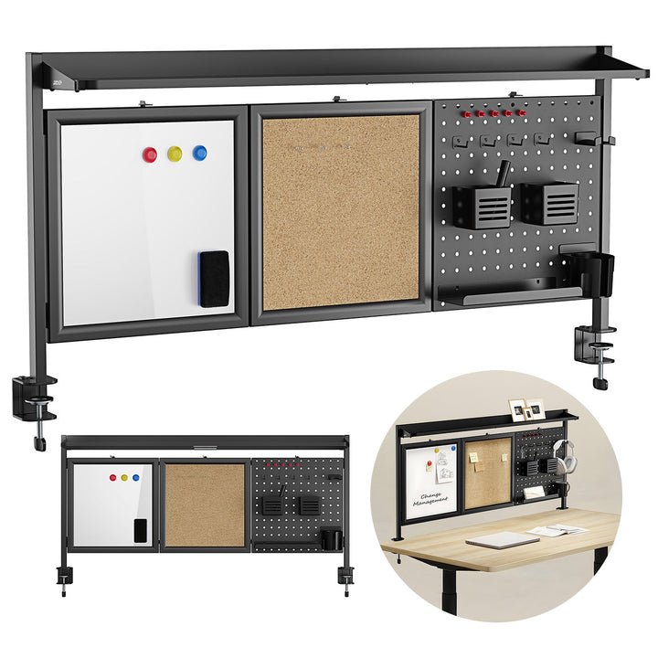 Skrivebordsafskærmning / organizer Ergo Office, maks. belastning 10 kg, hvid og kork tavle, bredde 1250 mm, sort, ER-300 B