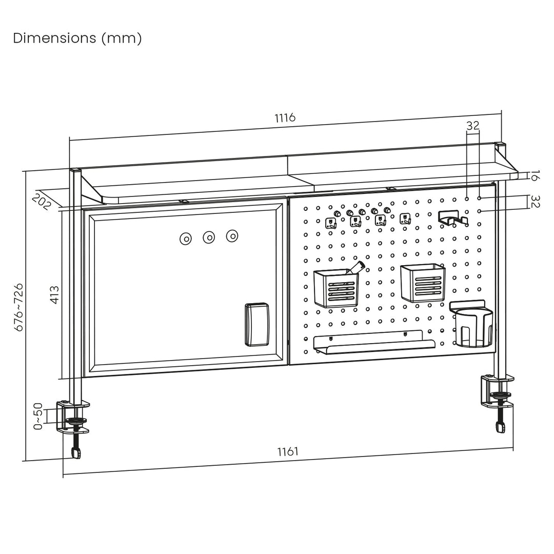 Skrivebordsafskærmning / organizer Ergo Office, maks. belastning 10 kg, hvid tavle, bredde 1116 mm, sort, ER-301 B