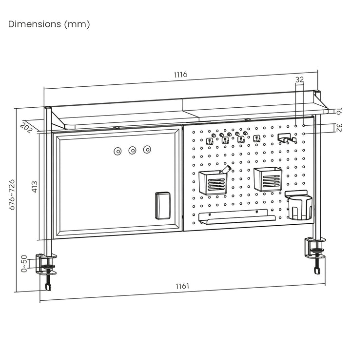 Skrivebordsafskærmning / organizer Ergo Office, maks. belastning 10 kg, hvid tavle, bredde 1116 mm, sort, ER-301 B