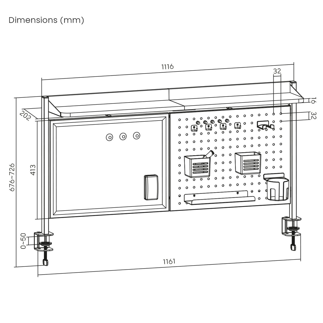 Skrivebordsafskærmning / organizer Ergo Office, maks. belastning 10 kg, hvid tavle, bredde 1116 mm, hvid, ER-301 W