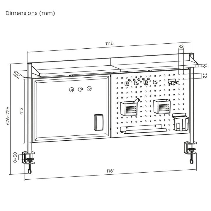 Skrivebordsafskærmning / organizer Ergo Office, maks. belastning 10 kg, hvid tavle, bredde 1116 mm, hvid, ER-301 W