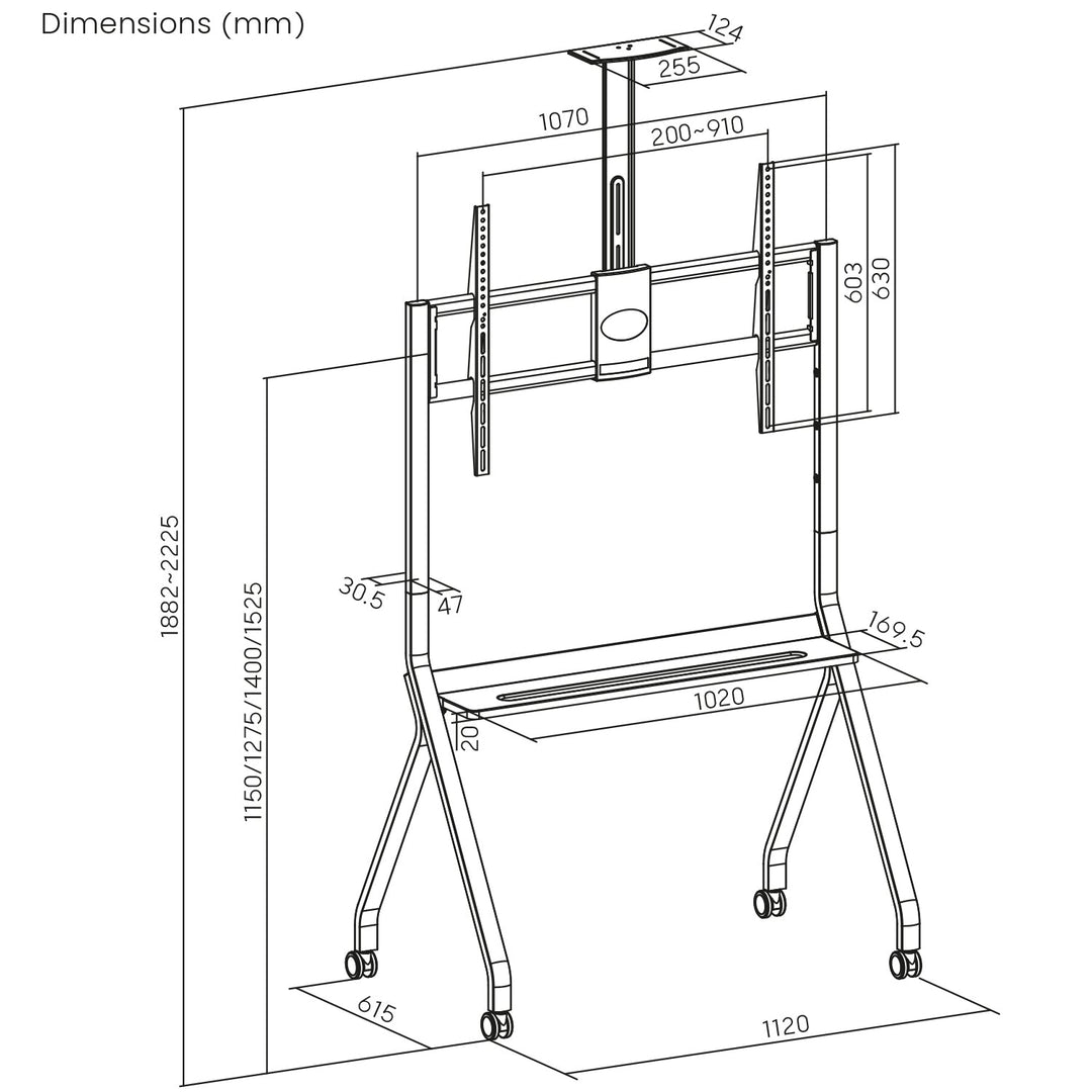 Stativ/vogn til tv Maclean, hylde til kamera, på hjul, 55-100", maks. belastning 120 kg/10 kg hylde, maks. VESA 900x600, sort, MC-114 B