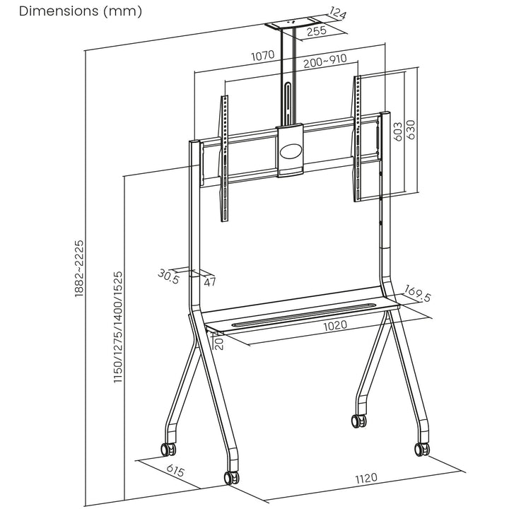 Stativ/vogn til tv Maclean, hylde til kamera, på hjul, 55-100", maks. belastning 120 kg/10 kg hylde, maks. VESA 900x600, sort, MC-114 B