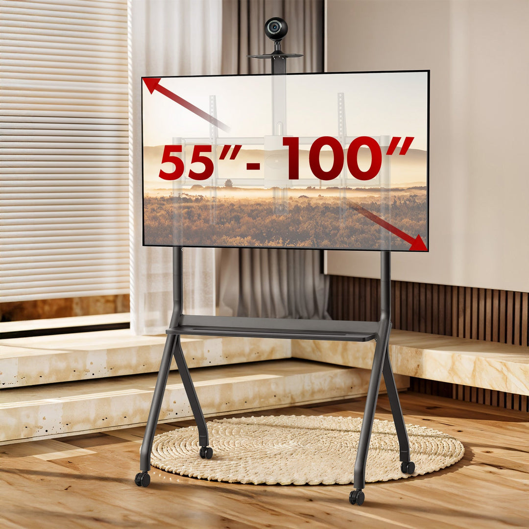 Stativ/vogn til tv Maclean, hylde til kamera, på hjul, 55-100", maks. belastning 120 kg/10 kg hylde, maks. VESA 900x600, sort, MC-114 B