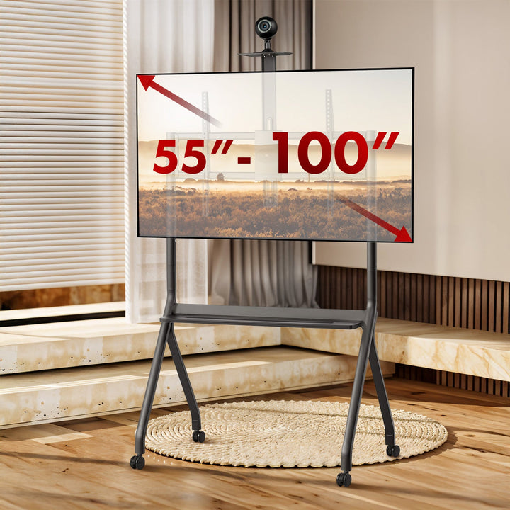 Stativ/vogn til tv Maclean, hylde til kamera, på hjul, 55-100", maks. belastning 120 kg/10 kg hylde, maks. VESA 900x600, sort, MC-114 B