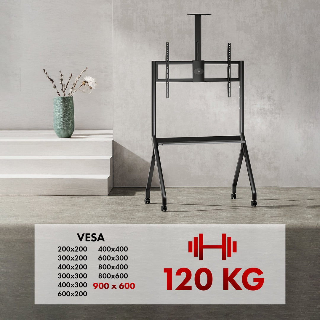 Stativ/vogn til tv Maclean, hylde til kamera, på hjul, 55-100", maks. belastning 120 kg/10 kg hylde, maks. VESA 900x600, sort, MC-114 B